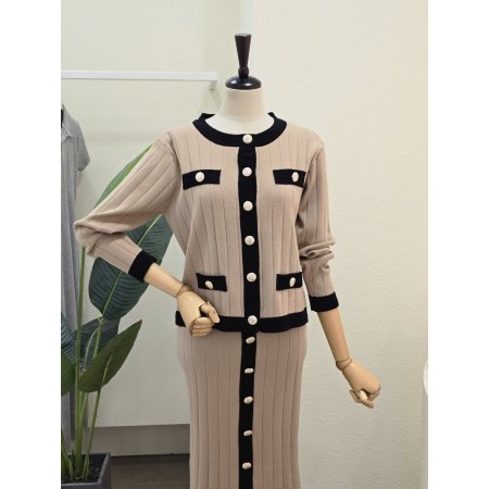 라인 배색 가디건 스커트 세트