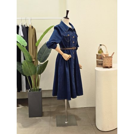 퍼프 스티치 데님 벨티드 원피스