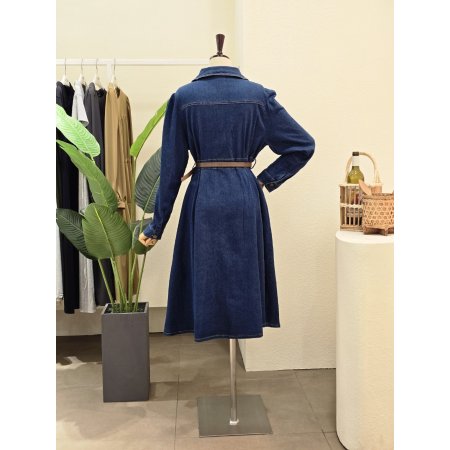 퍼프 스티치 데님 벨티드 원피스