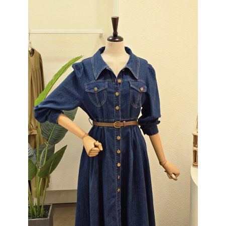 퍼프 스티치 데님 벨티드 원피스