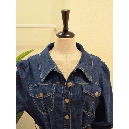 퍼프 스티치 데님 벨티드 원피스