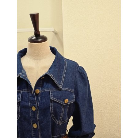 퍼프 스티치 데님 벨티드 원피스