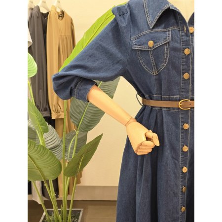 퍼프 스티치 데님 벨티드 원피스