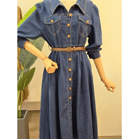 퍼프 스티치 데님 벨티드 원피스