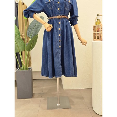 퍼프 스티치 데님 벨티드 원피스