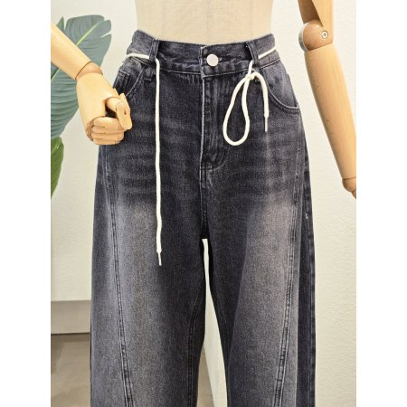 블랙 워싱 사선 데님 팬츠