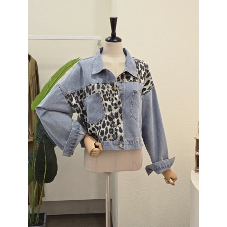 레어파드 배색 데님 자켓