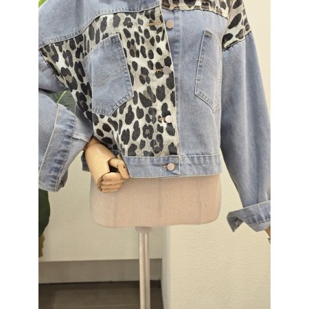 레어파드 배색 데님 자켓
