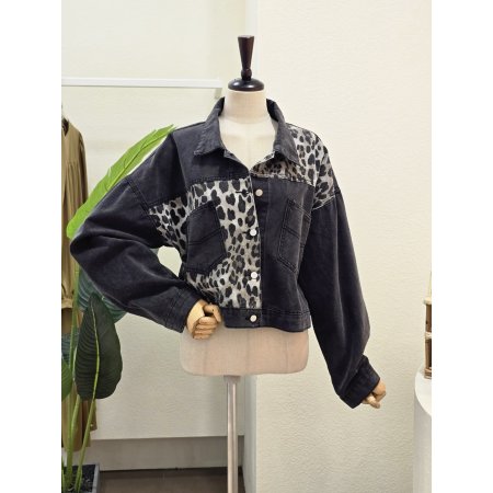 레어파드 배색 데님 자켓