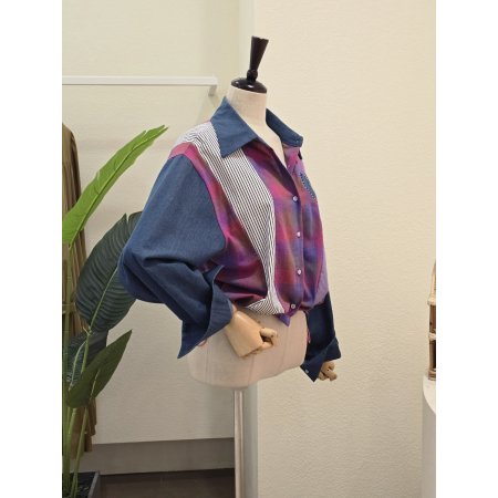 데님 배색 컬러플 패턴 셔츠