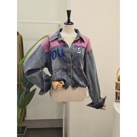 핑크 컬러 배색 유니크 데님 자켓