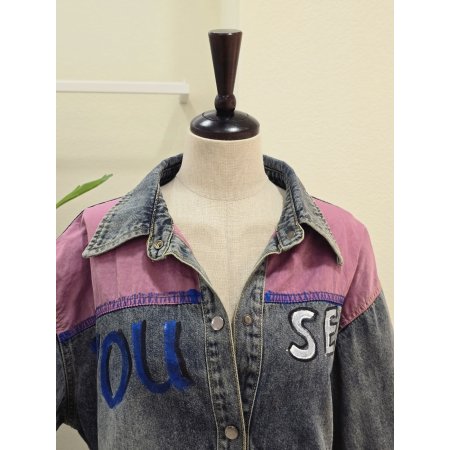 핑크 컬러 배색 유니크 데님 자켓