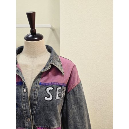 핑크 컬러 배색 유니크 데님 자켓