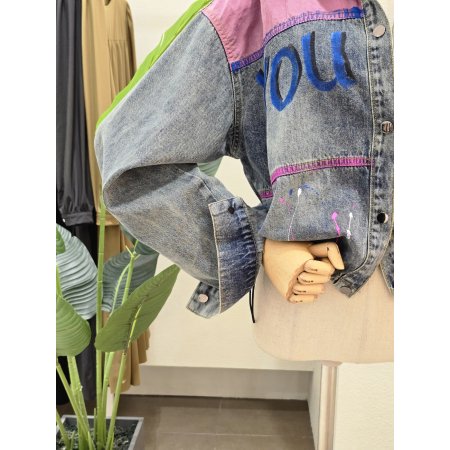 핑크 컬러 배색 유니크 데님 자켓