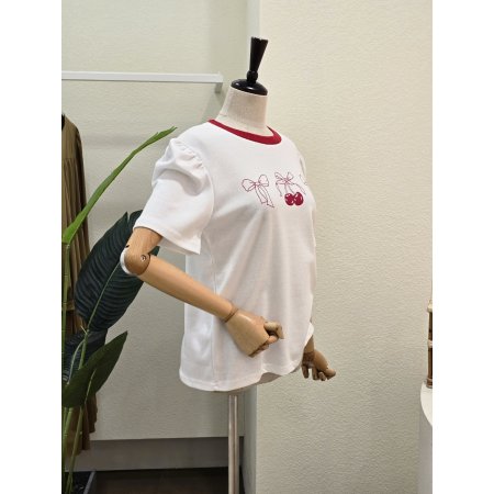 체리 리본 퍼프 반탈 티셔츠