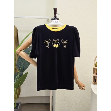 체리 리본 퍼프 반탈 티셔츠