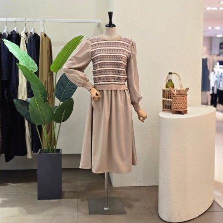 패턴 니트 배색 원피스