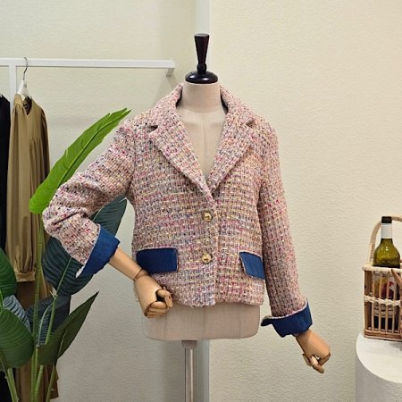 데님 배색 트위드 숏 자켓