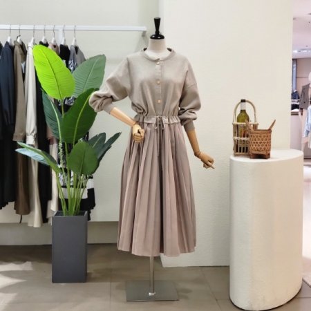 스트링 플리츠 니트 롱원피스