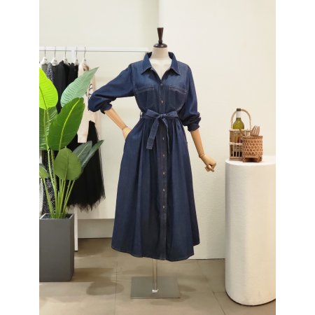 투포켓 벨티드 데님 롱원피스