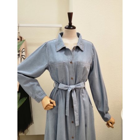 투포켓 벨티드 데님 롱원피스