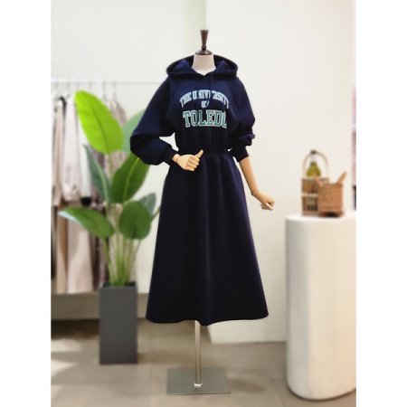 포커스 기모 후드넥 롱 원피스