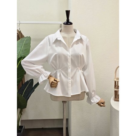 허리 셔링 리본 블라우스