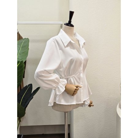 허리 셔링 리본 블라우스