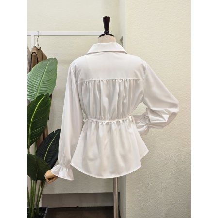 허리 셔링 리본 블라우스