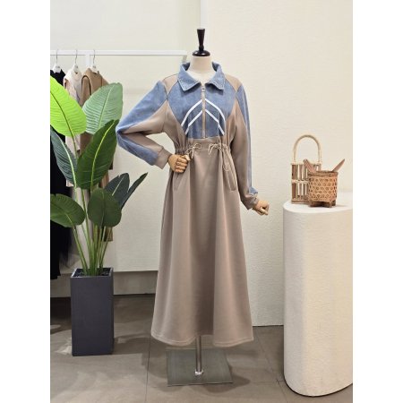 데님 배색 반집업 롱 원피스