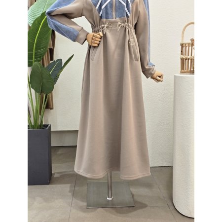 데님 배색 반집업 롱 원피스