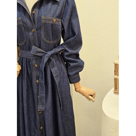 투 포켓 셔츠형 벨트 롱 원피스