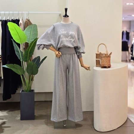 허리 슬림 티셔츠 와이드 팬츠 세트