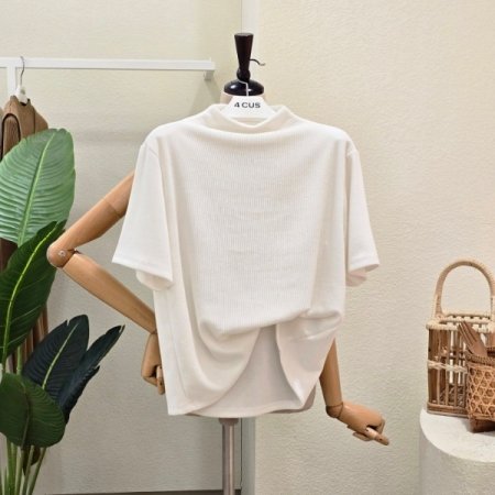 반팔 골지 반하이넥 티셔츠