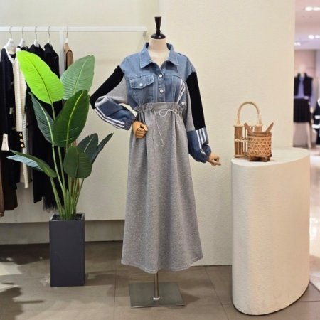 데님 배색 스트링 원피스