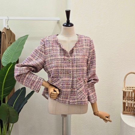 라운드넥 핑크 트위드 재킷