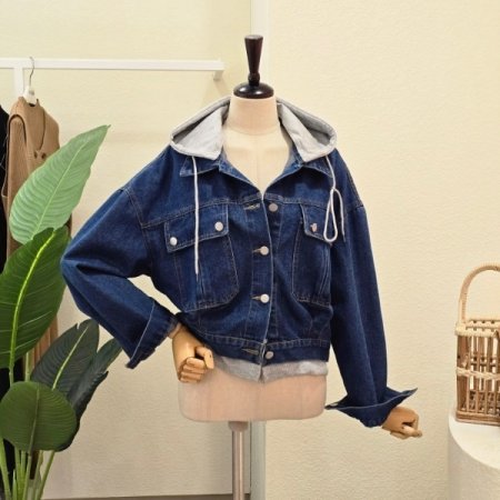 후드 밑단 배색 데님 재킷