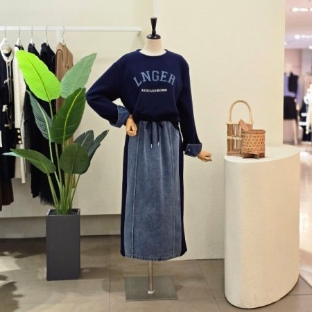 데님 배색 티셔츠 스커트 셋업