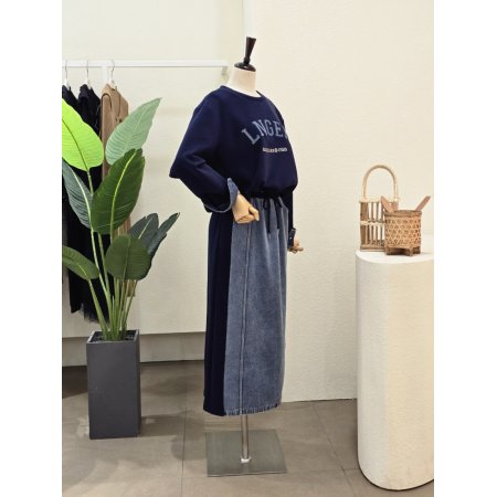 데님 배색 티셔츠 스커트 셋업