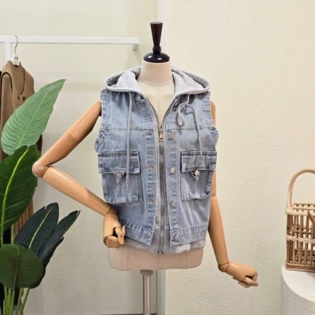 후드 배색 데님 베스트