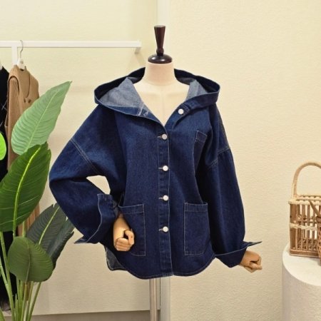 버튼 후드 데님 재킷