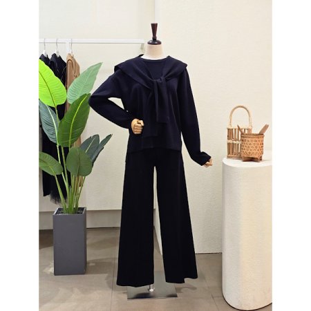 머플러 니트 와이드 팬츠 세트