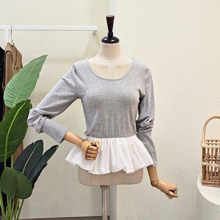 펌킨 프릴 레이어드 U넥 티셔츠