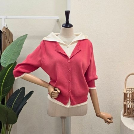 이중 레이어드 후드넥 카디건