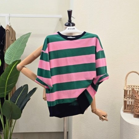 스트라이프 5부 소매 티셔츠