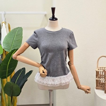 레이스 밑단 반팔 티셔츠
