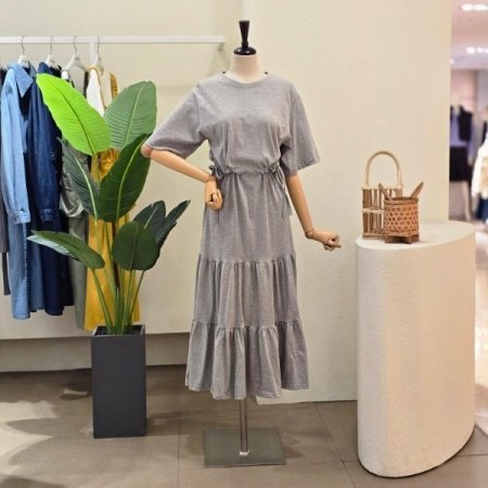 허리 스트링 티어드 롱 원피스