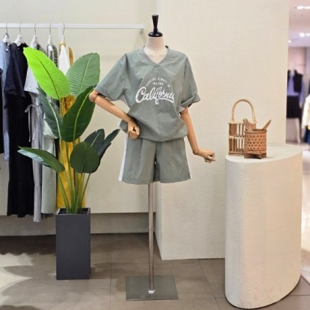 레터링 브이넥 티셔츠 쇼츠 셋업