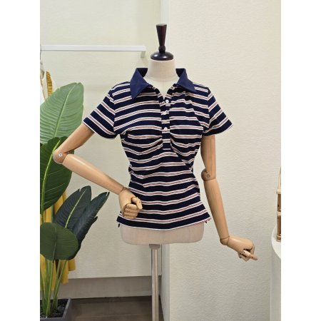 줄무늬 셔링 카라넥 티셔츠