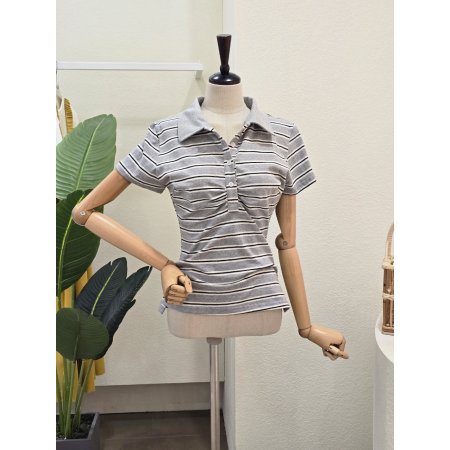 줄무늬 셔링 카라넥 티셔츠